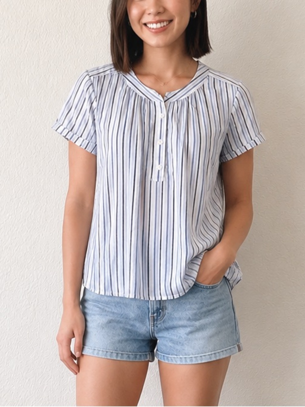 GAP Blue White Striped Blouse Short Sleeve Lightweight Top Casual Nautical M